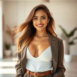 A stylish young woman in a chic, modern outfit, standing confidently in a bright, minimalistic room