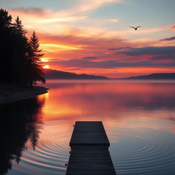 An elegant and serene landscape featuring a vibrant sunset over a tranquil lake