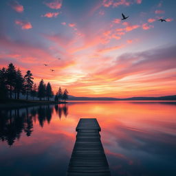 An elegant and serene landscape featuring a vibrant sunset over a tranquil lake