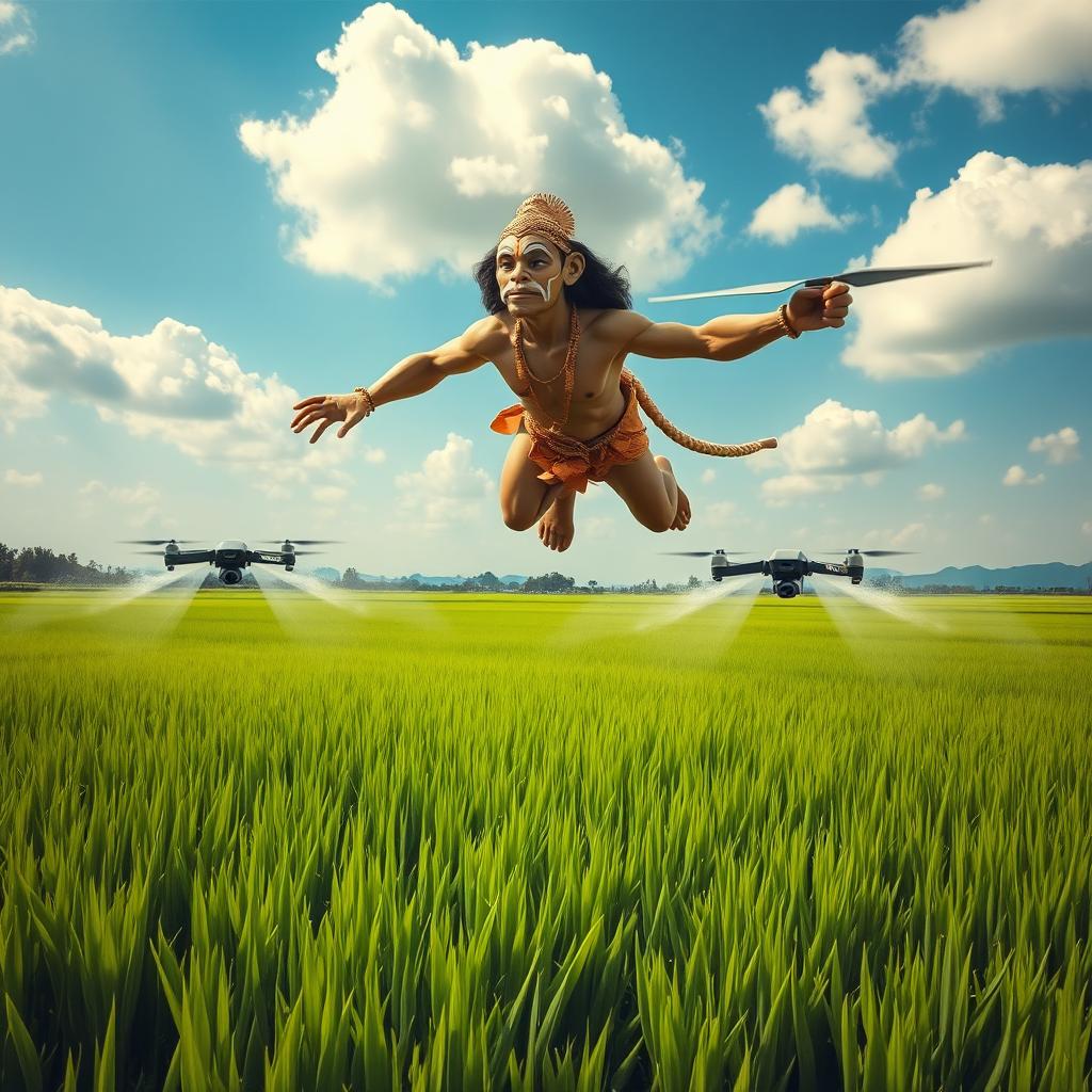 Hanuman, the Hindu monkey god, soaring majestically above expansive lush green paddy fields