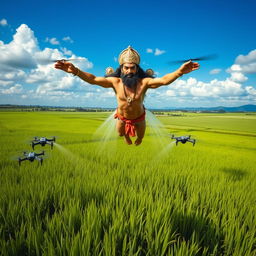 Hanuman, the Hindu monkey god, soaring majestically above expansive lush green paddy fields