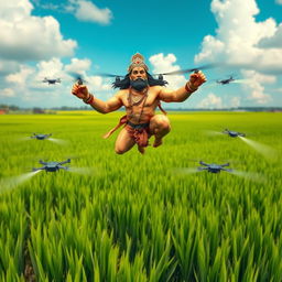 Hanuman, the Hindu monkey god, soaring majestically above expansive lush green paddy fields