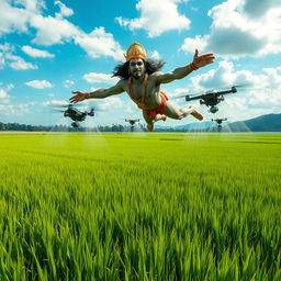 Hanuman, the Hindu monkey god, soaring majestically above expansive lush green paddy fields
