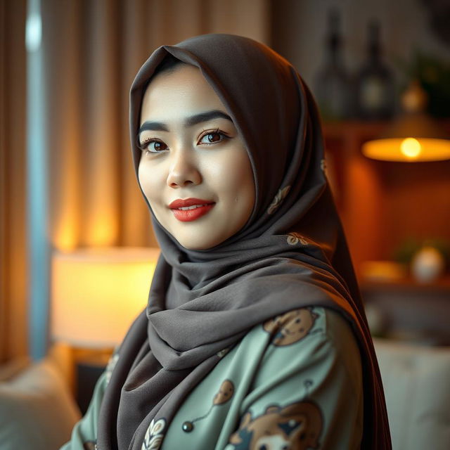 A stunning Malay woman wearing a hijab, showcasing a graceful and attractive figure