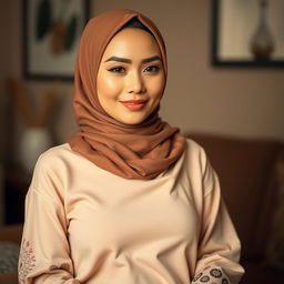 A stunning Malay woman wearing a hijab, showcasing a graceful and attractive figure