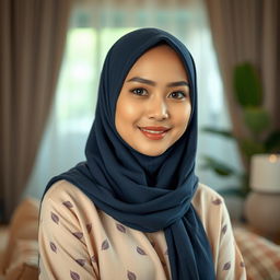 A stunning Malay woman wearing a hijab, showcasing a graceful and attractive figure