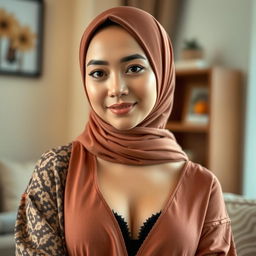 A stunning Malay woman wearing a hijab, showcasing a graceful and attractive figure