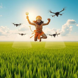 A powerful depiction of Hanuman, the Hindu monkey god, flying high above vast, lush green paddy fields