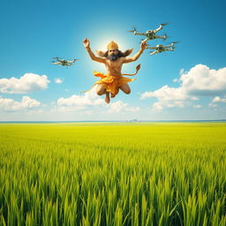 A powerful depiction of Hanuman, the Hindu monkey god, flying high above vast, lush green paddy fields