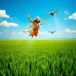 A powerful depiction of Hanuman, the Hindu monkey god, flying high above vast, lush green paddy fields
