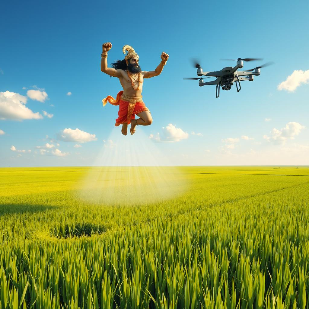 A powerful depiction of Hanuman, the Hindu monkey god, flying high above vast, lush green paddy fields
