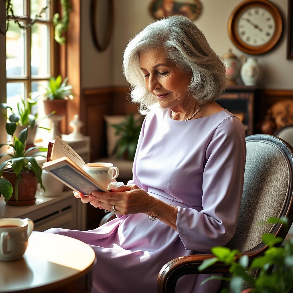 An elegant older woman, with silver hair styled in soft waves, wearing a chic lavender dress that flows gracefully