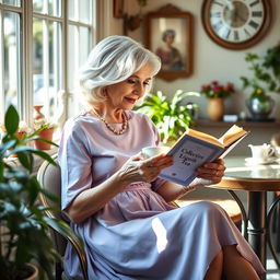 An elegant older woman, with silver hair styled in soft waves, wearing a chic lavender dress that flows gracefully