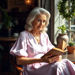 An elegant older woman, with silver hair styled in soft waves, wearing a chic lavender dress that flows gracefully