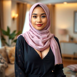 A stunning Malay woman wearing a hijab, showcasing an attractive figure with small breasts