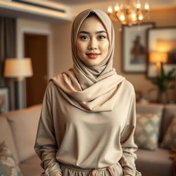 A stunning Malay woman wearing a hijab, showcasing an attractive figure with small breasts