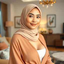 A stunning Malay woman wearing a hijab, showcasing an attractive figure with small breasts