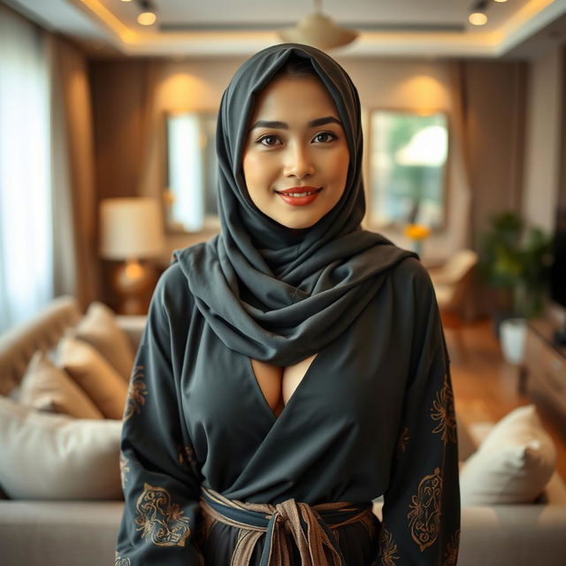 A stunning Malay woman wearing a hijab, showcasing an attractive figure with small breasts