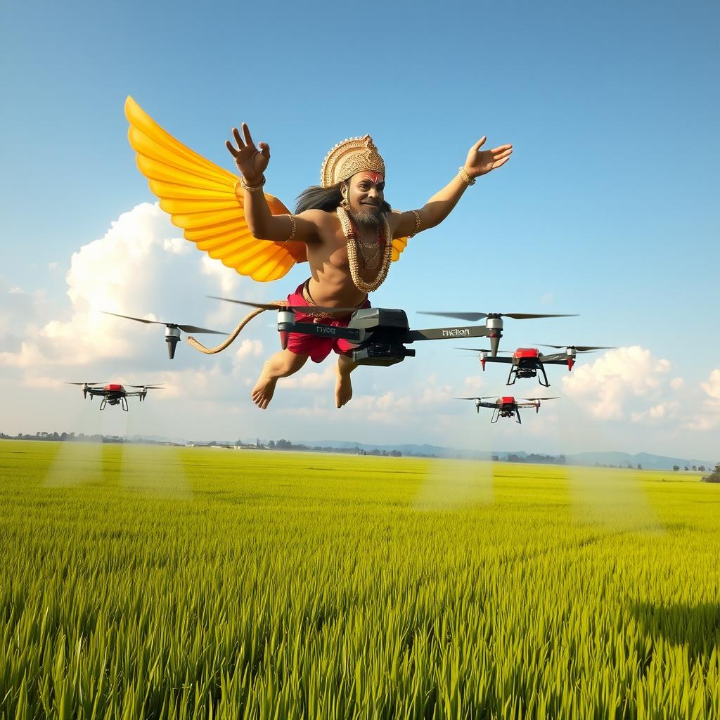 Hanuman, the Hindu monkey god, soaring majestically above vast green paddy fields