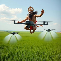 Hanuman, the Hindu monkey god, soaring majestically above vast green paddy fields