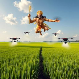 Hanuman, the Hindu monkey god, soaring majestically above vast green paddy fields