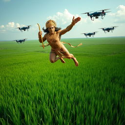 Hanuman, the Hindu monkey god, soaring majestically above vast green paddy fields
