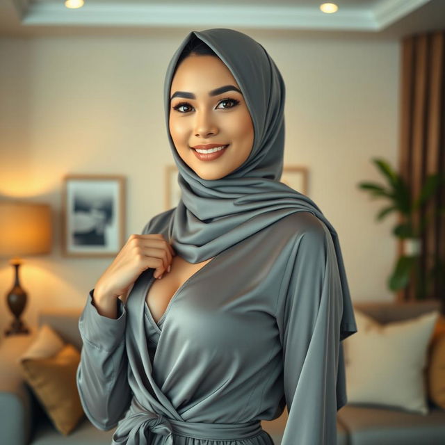 A stunning Malay woman wearing a hijab, showcasing an attractive and sexy figure with small breasts