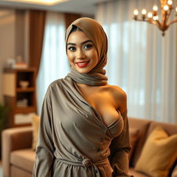 A stunning Malay woman wearing a hijab, showcasing an attractive and sexy figure with small breasts