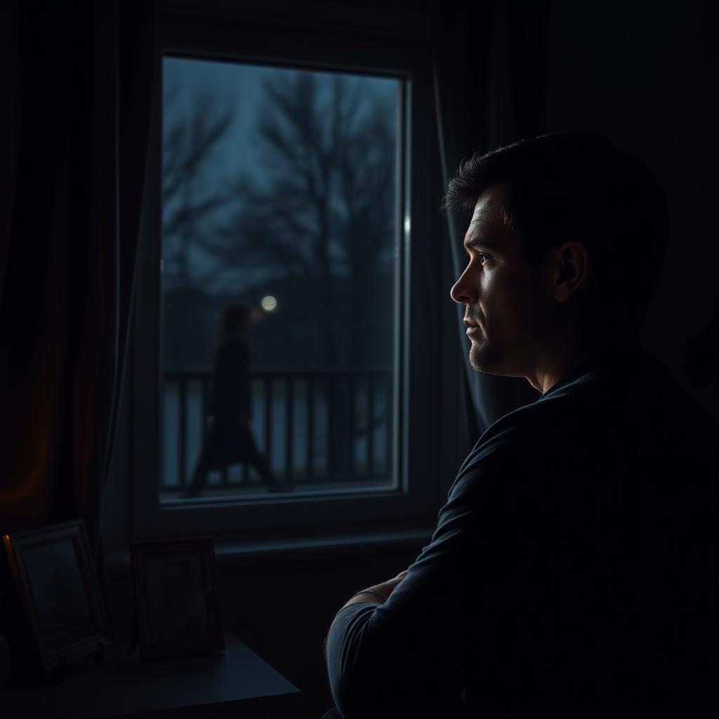 An emotional scene depicting a conflicted husband looking out the window, deep in thought