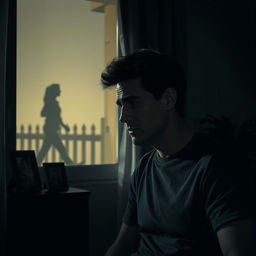 An emotional scene depicting a conflicted husband looking out the window, deep in thought