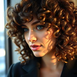 A close-up of a stylish person with medium curly hair, showcasing the texture and volume of the curls