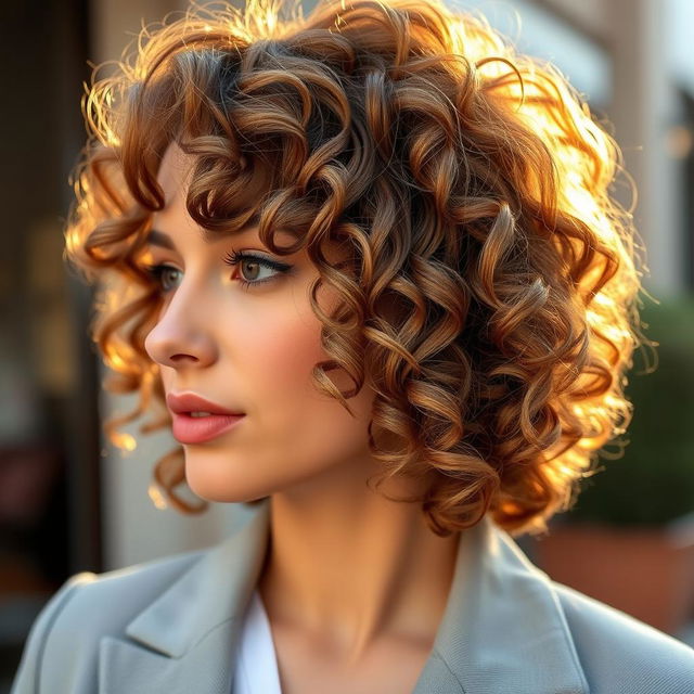 A close-up of a stylish person with medium curly hair, showcasing the texture and volume of the curls