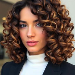A close-up of a stylish person with medium curly hair, showcasing the texture and volume of the curls