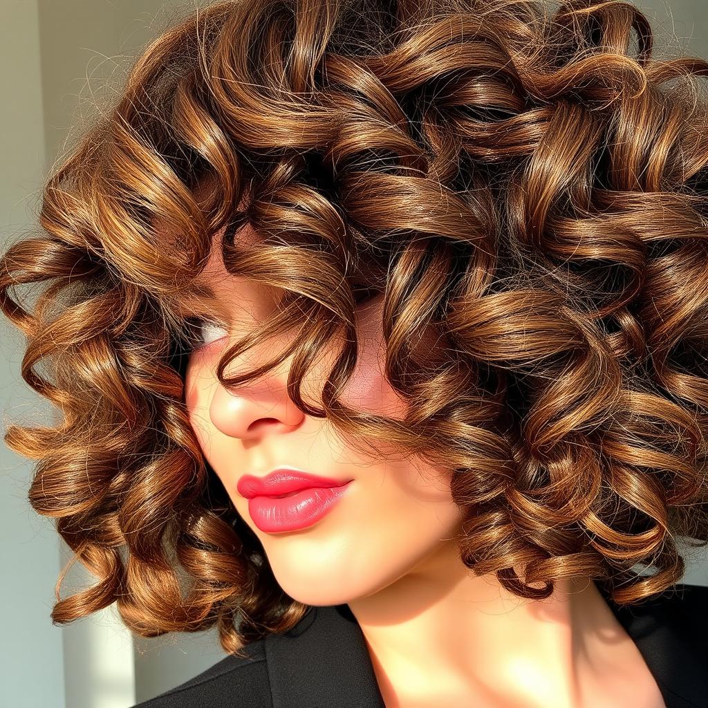 A close-up of a stylish person with medium curly hair, showcasing the texture and volume of the curls