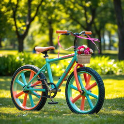 A colorful, creative concept of a pedal-less bike, featuring a sleek design with two large wheels