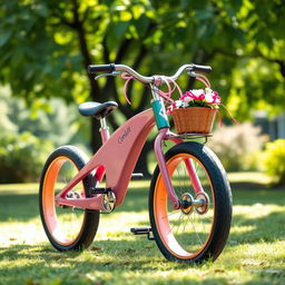 A colorful, creative concept of a pedal-less bike, featuring a sleek design with two large wheels