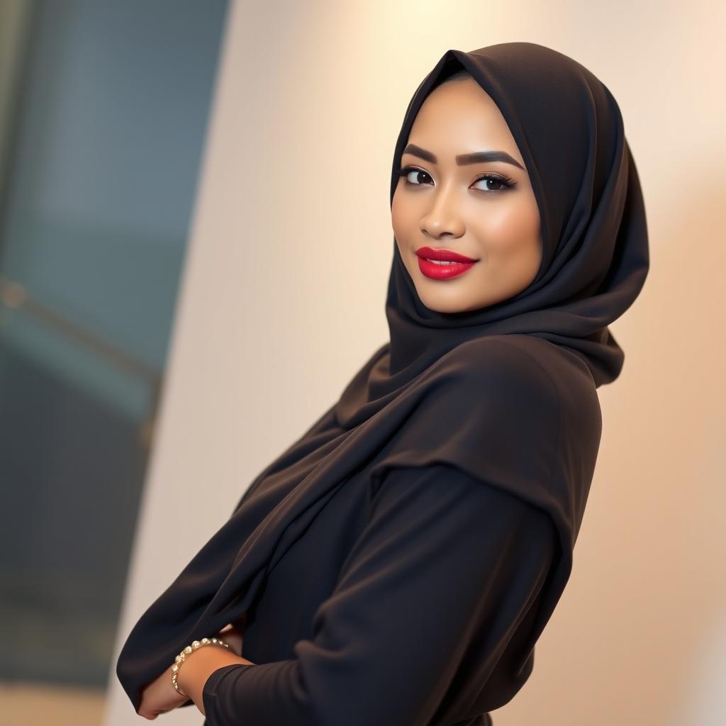 A stunning Malay woman wearing a hijab, showcasing an attractive and sexy figure with small breasts