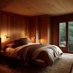 A cozy bedroom with a plush bed adorned with soft cushions, warmed by dimmed ambient lighting, and decorated with delicately crafted wooden furniture and snuggly soft textiles.