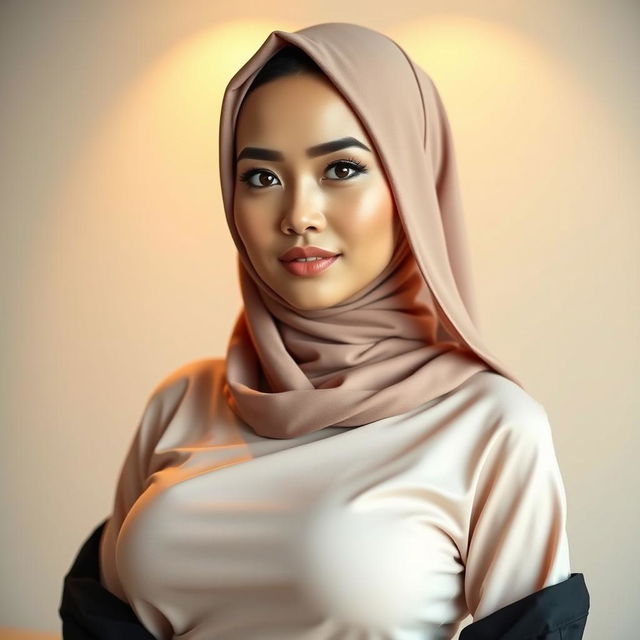 A stunning Malay woman wearing a hijab, showcasing an attractive and sexy figure with small breasts