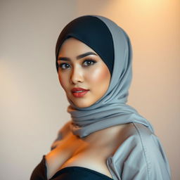 A stunning Malay woman wearing a hijab, showcasing an attractive and sexy figure with small breasts