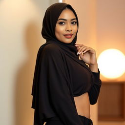 A stunning Malay woman wearing a hijab, showcasing an attractive and sexy figure with small breasts