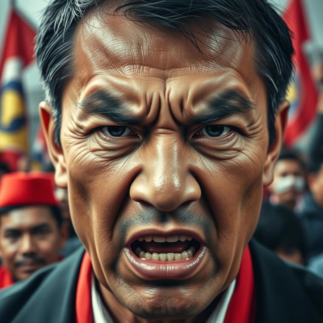 A close-up of an angry face of a middle-aged Asian man, vividly displaying intense emotions