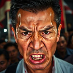 A close-up of an angry face of a middle-aged Asian man, vividly displaying intense emotions