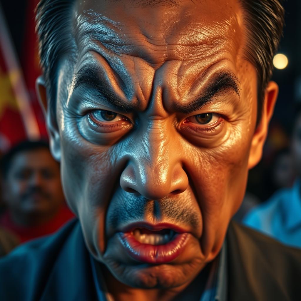 A close-up of an angry face of a middle-aged Asian man, vividly displaying intense emotions