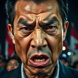 A close-up of an angry face of a middle-aged Asian man, vividly displaying intense emotions