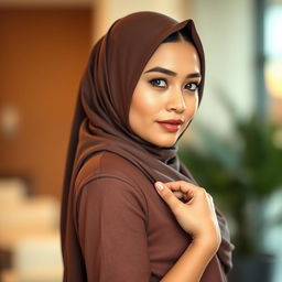A stunning Malay woman wearing a hijab, showcasing an attractive and sexy figure