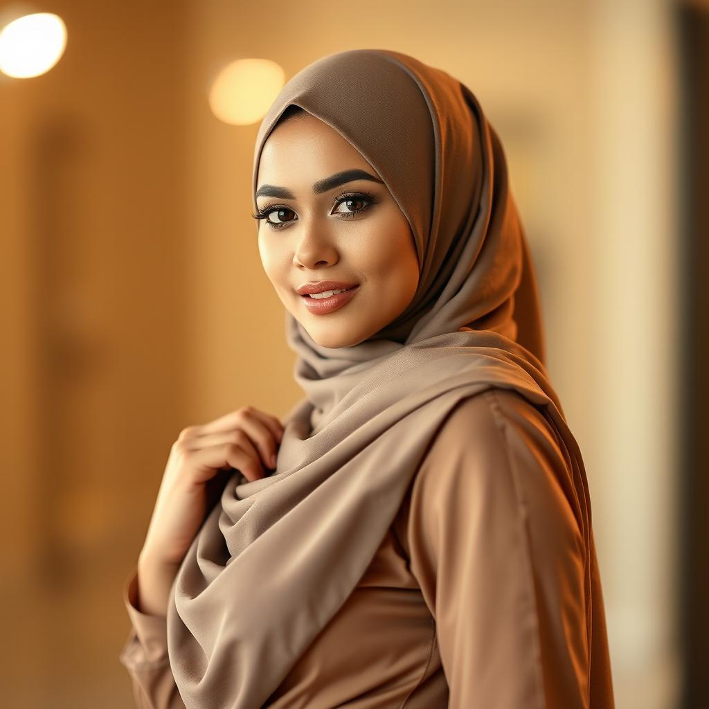 A stunning Malay woman wearing a hijab, showcasing an attractive and sexy figure