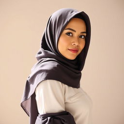 A stunning Malay woman wearing a hijab, showcasing an attractive and sexy figure