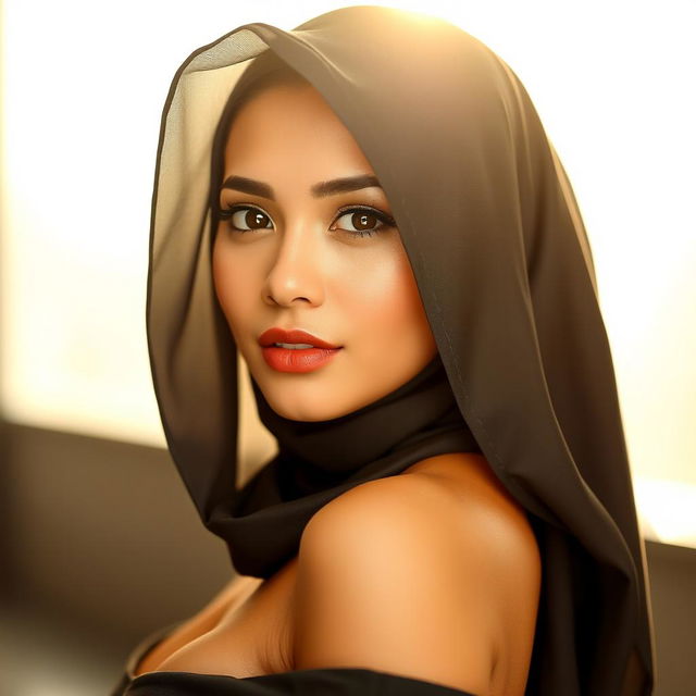 A stunning Malay woman wearing a hijab, showcasing an attractive and sexy figure