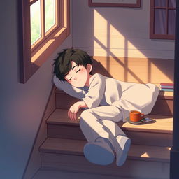 A peaceful digital art scene depicting a young man named Haobin sleeping on a set of wooden stairs